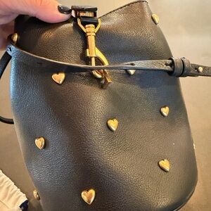 Black Leather Bucket Bag with Gold Heart Accents